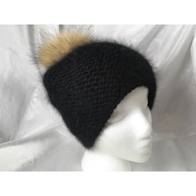  Beanie Hat Hand Knit 100% Angora Black color Fur Pompom Warm Beret  eb-47419928